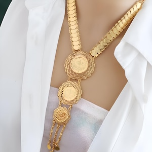Gold-Plated Ottoman Coin Necklace – Arabic Calligraphy Pendant, Turkish Style