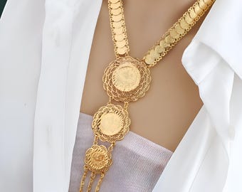 Gold-Plated Ottoman Coin Necklace – Arabic Calligraphy Pendant, Turkish Style