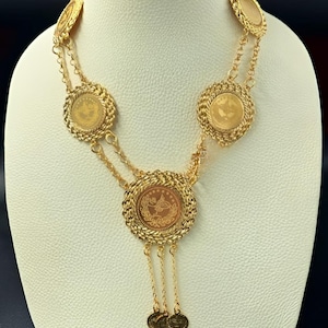 Gold-Plated Ottoman Medallion Necklace Set | Turkish Lira Coin Pendant Jewelry | Traditional Heritage Gift