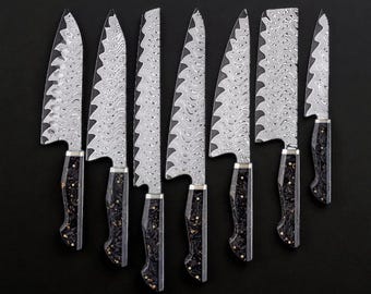 Juego de cuchillos KAAMUT® de 7 piezas – Acero de Damasco de 67 capas – Cuchillos de cocina profesionales – Máximo rendimiento de corte