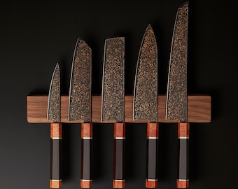 Juego de cuchillos KAAMUT® de 5 piezas – Acero de Damasco negro de 37 capas con acabado de cobre – Mango de ébano y madera de raíz – Máximo rendimiento de corte