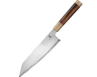 Cuchillo de chef KAAMUT® – Acero compuesto japonés ZDP-189 – Mango de madera de hierro del desierto y cuerno de toro – Máximo filo