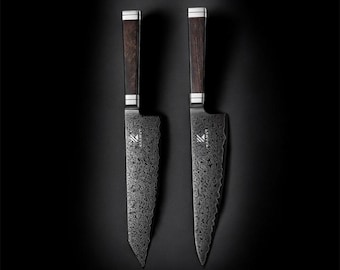 Juego de cuchillos KAAMUT® de 2 piezas – Acero de Damasco de 67 capas – Recubrimiento de titanio negro – Núcleo de 12Cr18MoV – Máximo rendimiento de corte