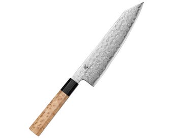 Cuchillo de chef KAAMUT® – Acero Damasco Azul 2 de 49 capas – Mango de madera de sicomoro y cuerno de búfalo negro – Cuchillo de chef profesional – Máximo filo