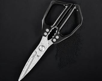 Tijeras KAAMUT® Damascus – Acero Damascus de 110 capas – Multifuncionales – Mango de aluminio negro – Tijeras de lujo