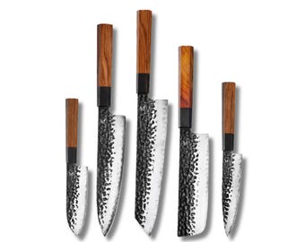Juego de cuchillos KAAMUT® de 5 piezas – Acero de Damasco AUS-10 – Forjado a mano – Mango de ébano y Mkuruti – Máximo rendimiento de corte