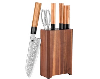 Juego de cuchillos KAAMUT® de 7 piezas – Acero de Damasco de 67 capas – Juego de cuchillos de lujo – Mango de madera de olivo y cuerno de búfalo negro – Máximo rendimiento de corte