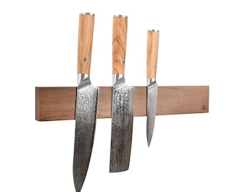 Portacuchillos magnético KAAMUT® - 40 cm - Madera de nogal - Imán extrafuerte para cuchillos - Incluye tira adhesiva 3M y tornillos
