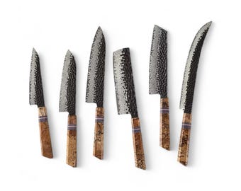 Juego de cuchillos KAAMUT® de 6 piezas – Acero Damasco negro de 67 capas – Mango de arce veteado y G10 – Máximo rendimiento de corte