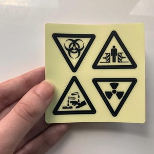K&ouml;nnte beinhalten: Ein quadratischer, hellgelber Aufkleber mit vier schwarzen Gefahrenwarnsymbolen in schwarzen Dreiecken. Zu den Symbolen geh&ouml;ren Biogef&auml;hrdung, Quetschgefahr, &auml;tzende Stoffe und Strahlengefahr.