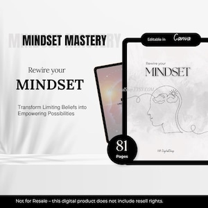 以下が含まれることがあります： 「Mindset Mastery」というタイトルのデジタル製品で、「Rewire your MINDSET」と「Transform Limiting Beliefs into Empowering Possibilities」というテキストが表示されています。 この製品はCanvaで編集可能で、81ページあります。