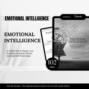Puede incluir: Un producto digital titulado "Inteligencia Emocional" que se muestra en una tableta y un dispositivo más pequeño. La portada presenta un árbol con hojas que se vuelan. El texto incluye "Un camino de 5 pasos para dominar tus emociones, empoderar a otros y liderar con conciencia."