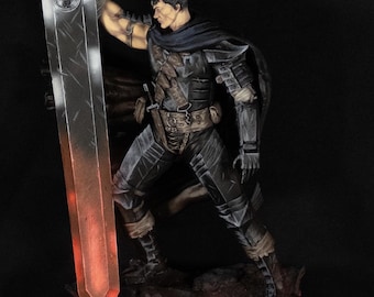 May include: A detailed figurine of a warrior in black armour, holding a large sword with a glowing red blade. The figure is posed dynamically on a rocky base with red accents, set against a dark background. The warrior has short black hair and a determined expression.