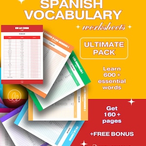 May include: A collection of Spanish vocabulary worksheets featuring a yellow background with white and red text. The pack includes multiple pages with headers like En La Casa, Comida y Las Bebidas, Los Animales, Las Profesiones, and En La Ciudad.