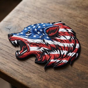 Large Red Wolf Embroidered Biker Patch | American Flag Wolf Back Patch Iron-On Applique Embroidery patches for bikers sew on