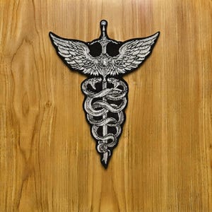 Large Winged Sword and Snake Back Patch, Embroidered Biker Vest Patch, Medical Caduceus Jacket Patch
