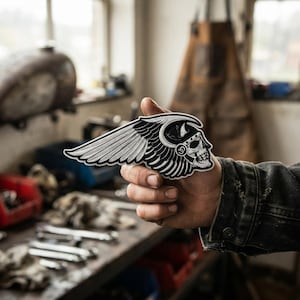 Könnte beinhalten: Ein gestickter Aufnäher mit einer schwarz-weißen Grafik eines geflügelten Schädels, der einen Helm trägt. Das Design enthält detaillierte Federn, die von der Seite des Schädels ausgehen, mit einem weißen Rand um die Form des Aufnähers.