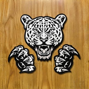 Custom Patches Embroidery designEmbroidered Jaguar Head Patch with Claws, Biker Vest Applique (23x22cm)