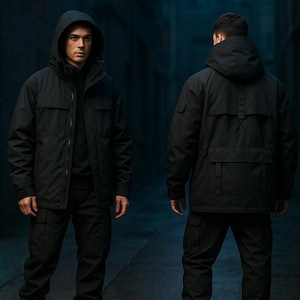 Men’s Black Tactical Waxed Cotton Jacket – Hooded Combat Field Coat – Utility Streetwear Outerwear – Military-Inspired Techwear Windbreaker
