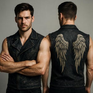 Men’s Black Leather Biker Vest with Angel Wing Patch - Distressed Sleeveless Motorcycle Vest - Gothic Rock Punk Festival Vest for Men