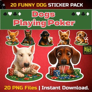 Perros jugando al póker – Paquete de pegatinas divertidas de perros (20 PNG) / Pegatinas digitales 3D con dibujos animados para jugadores, amantes de los perros y aficionados al casino