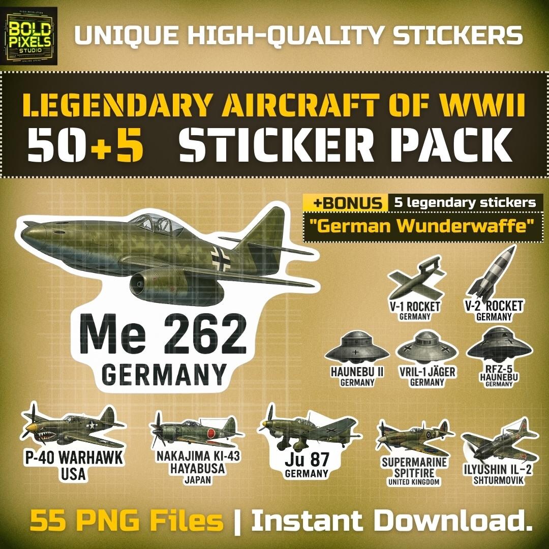 Aircraft Sticker Legendary WWII Aircraft Sticker Pack | 50 Planes + 5 Bonus | Instant ...