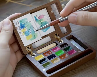 12 Wells Watercolor Palette Walnut Box, Portable Art Paint Case, Empty Travel Sketch Pigment Holder