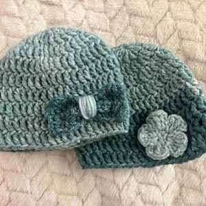 Crochet Baby Girl Hat – Bow or Flower Style – Newborn Beanie for Photos or Baby Shower Gift