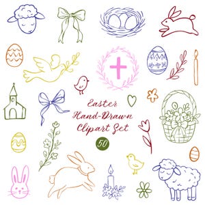May include: A hand-drawn Easter clipart set with 50 elements. Features bunnies, eggs, a lamb, a dove, a church, a cross, a basket of flowers, and other spring-themed illustrations in various colours. The text "Easter Hand-Drawn Clipart Set" is included.