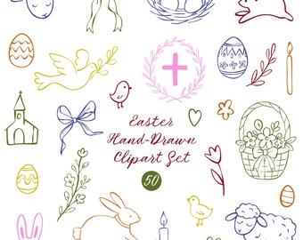 Ostern Clipart-Set, handgezeichnete Frühlingslinie Kunst, christliches Ostern SVG PNG, Hase, Lamm Taube Ei Floral Doodle Bundle