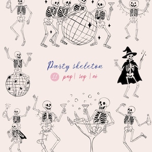 Puede incluir: Ilustración en blanco y negro de esqueletos bailando en varias poses. Algunos esqueletos sostienen bebidas, mientras que otros están cerca de una bola de discoteca. El texto "Party skeleton" está escrito en azul, con información del tipo de archivo.