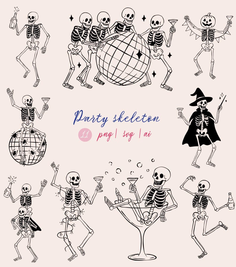 May include: Black and white illustration of dancing skeletons in various poses. Some skeletons hold drinks, while others are near a disco ball. The text "Party skeleton" is written in blue cursive font, with file type information below.