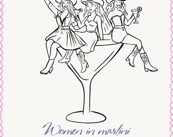 Martini Bachelorette Clipart SVG Frau im Cocktailglas PNG Hand gezeichnet Whimsical Cowgirl Clipart Western Bachelorette Party Girl Line Art