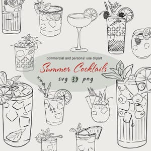Clipart cocktail PNG SVG Cocktails d'été Lineart Signature boisson boisson de mariage SVG Cocktail mariage Clipart dessiné à la main Cocktail Illustration