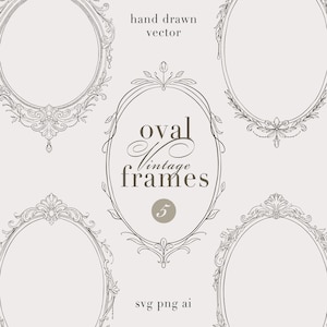 Peut inclure: Ensemble de cinq cadres ovales vintage dessinés à la main, en format vectoriel. Les cadres sont de couleur marron foncé, avec des motifs floraux et ornementaux complexes. Le texte "oval vintage frames" est au centre, avec "hand drawn vector" et "svg png ai".