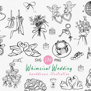 May include: Black and white hand-drawn illustrations of wedding-themed elements, including cherubs, swans, candles, champagne, cake, and a vintage car with "Just Married" text. The text "Whimsical Wedding" is also present.