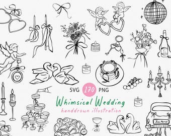 Whimsical Wedding SVG Clipart Hand Drawn Illustrations for Wedding Invitations Templates Menus Wedding Doodles PNG