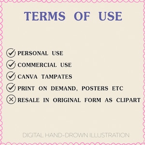 May include: A square graphic with a pink scalloped border and the text "TERMS OF USE" in blue. The graphic lists permitted uses: personal, commercial, Canva templates, and print on demand. It also states what is not allowed: resale in original form as clipart.