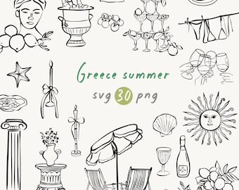 Mittelmeer Clipart Set: Beach Party Line Art, Küsten Bachelorette (SVG, PNG, AI Digital Download