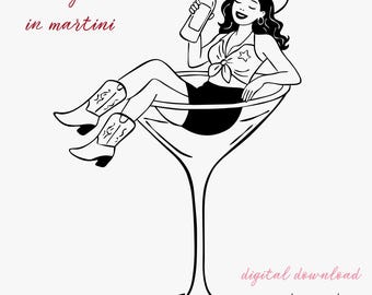 Cowgirl Frau in Martini Glas SVG PNG Clipart Disko Cowgirl SVG Handgezeichnet Skurril Junggesellinnenabschied Symbol Western Cowgirl