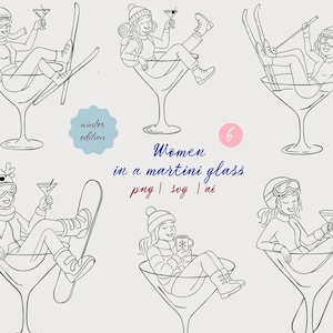 Könnte beinhalten: Strichzeichnung von sechs Frauen in einem Martini-Glas, jede mit einem Cocktail und Winteraktivitäten. Der Text "Women in a martini glass" und "winter edition" sind enthalten. Verfügbar in den Formaten png, svg und ai.