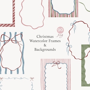 Puede incluir: Marcos y fondos de acuarela en una variedad de formas y colores. La imagen presenta marcos con patrones de rayas y ondulados, lazos y el texto "Christmas Watercolor Frames & Backgrounds".