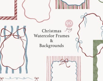 May include: Watercolor frames and backgrounds in a variety of shapes and colors. The image features frames with striped and wavy patterns, bows, and the text "Christmas Watercolor Frames & Backgrounds".