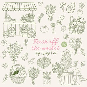 以下が含まれることがあります： 市場の屋台、花や農産物のバスケット、カウボーイハットをかぶった女性を描いた線画イラスト。テキストは「Fresh off the market」とファイルタイプのインジケーターです。花、果物、野菜が含まれています。