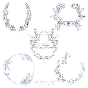 Botanical Wreath Set Clipart Hand-Drawn Floral Frame PNG SVG Wedding Vintage Crest Line Art Boho Foliage Illustration