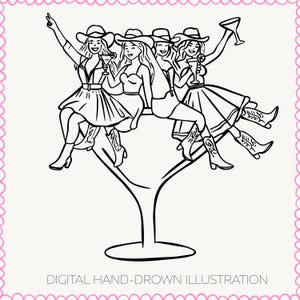 Despedida de soltera con martini, clipart SVG, mujer en copa de cóctel, clipart PNG, vaquera caprichosa dibujada a mano, chica de despedida de soltera occidental, arte lineal