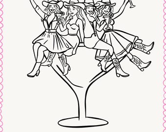 Martini Bachelorette Clipart SVG Frau im Cocktailglas PNG Hand gezeichnet Whimsical Cowgirl Clipart Western Bachelorette Party Girl Line Art