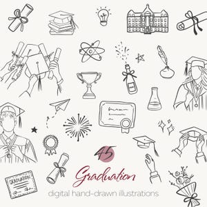Afstuderen clipart bandle handgetekende afstuderen lijntekeningen illustraties University College Grad Party uitnodiging PNG SVG Graduate Cap diploma