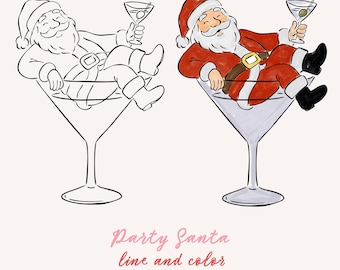 Weihnachtsmann in Martini Glas Clipart Linie Kunst Aquarell Illustration SVG PNG Weihnachten Urlaub Weihnachtsmann