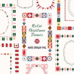 May include: A collection of digital graphic frames featuring various geometric shapes, starburst patterns, and scalloped edges in red, green, pink, and blue. The central text reads Retro Christmas Frames 18 HAND-DRAWN PNG on a white background.